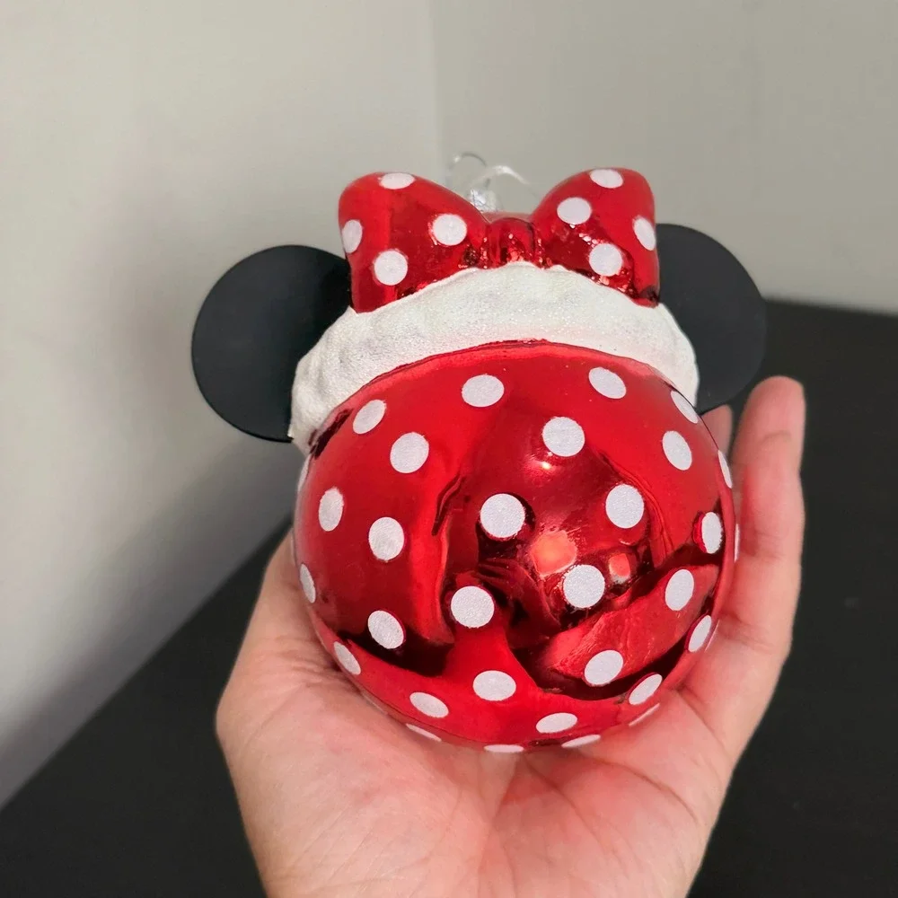 Disney Minnie Mouse Red Polka Dot Glass Christmas Ornament with Ears and Bow